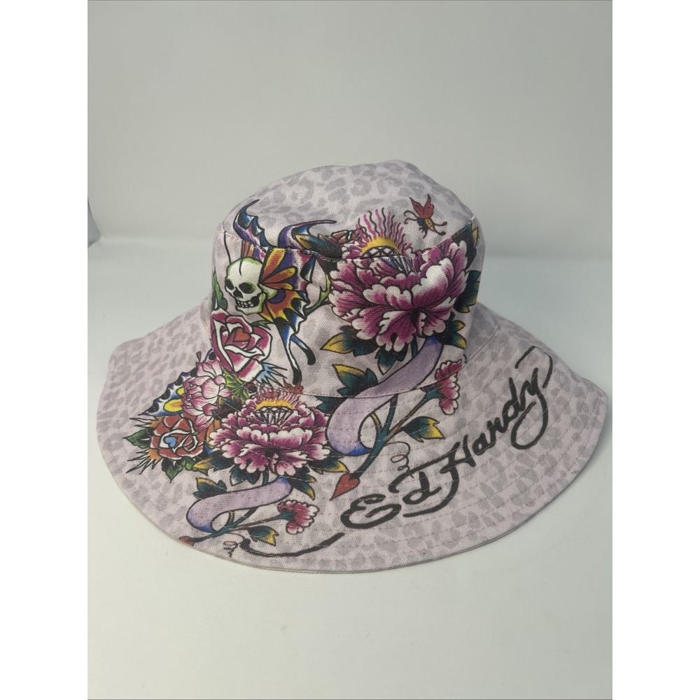 NWT Ed Hardy Pink Leopard Print Bucket Hat Tattoo Graphics Skull Floral